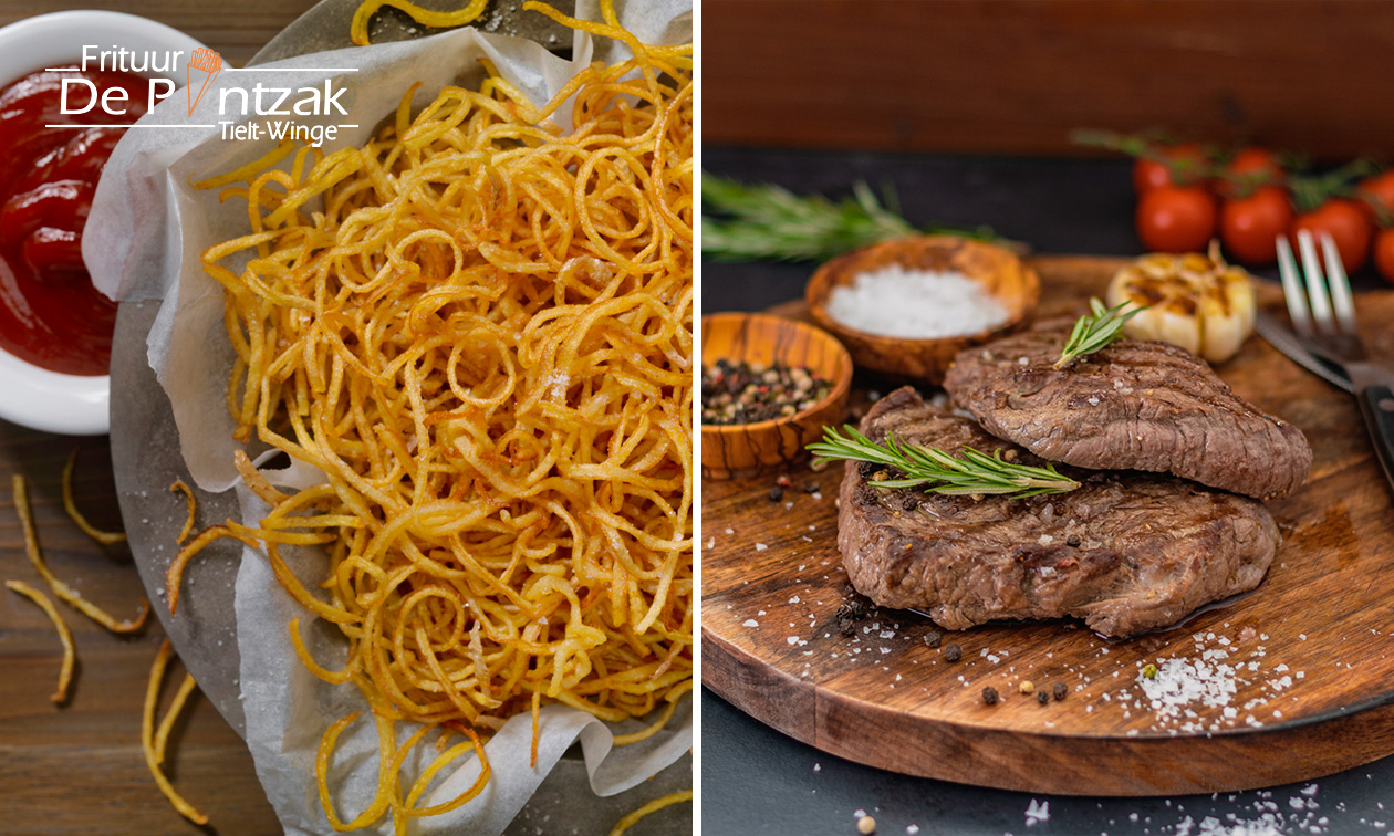 Steak + wingegras of friet + warme saus + slaatje voor afhaal of dine-in bij De Puntzak