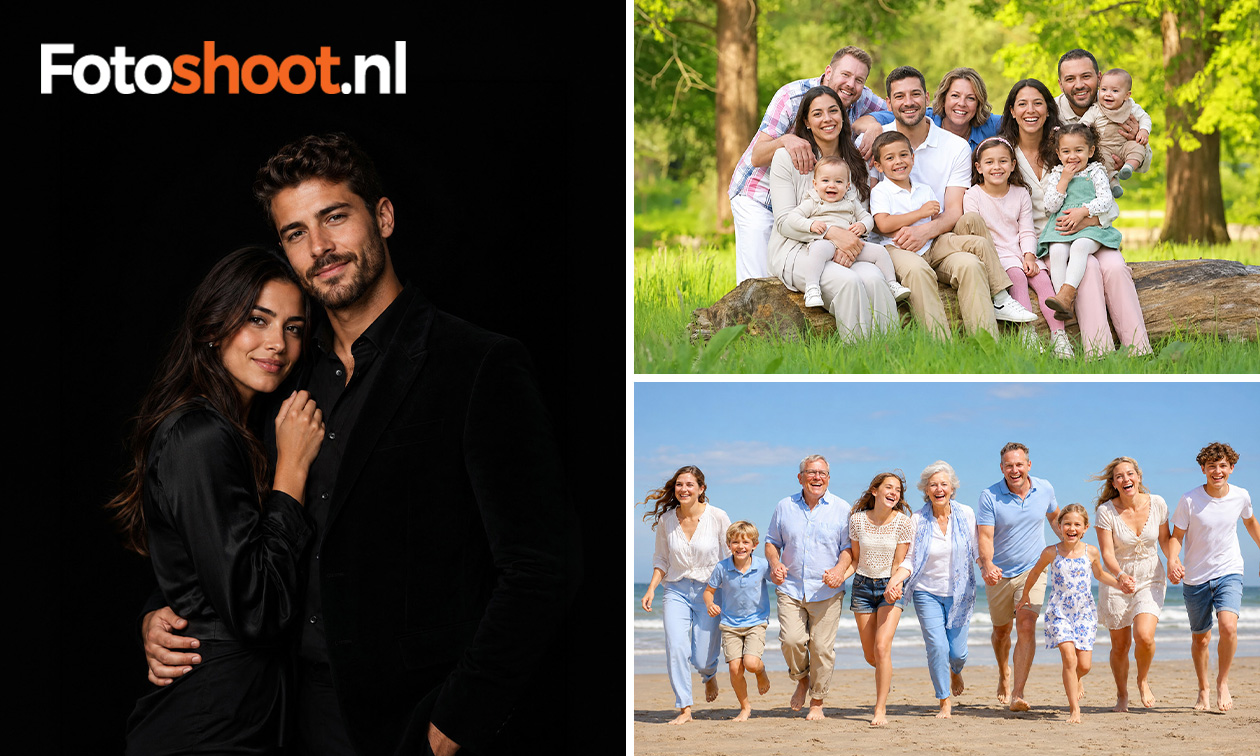 Fotoshoot studio, strand of park (max. 25 personen) + 2 foto's