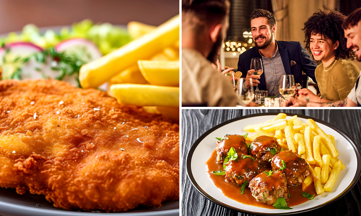 Schnitzel oder Frikadelle nach Wahl + Beilagensalat + Pommes oder Bratkartoffeln